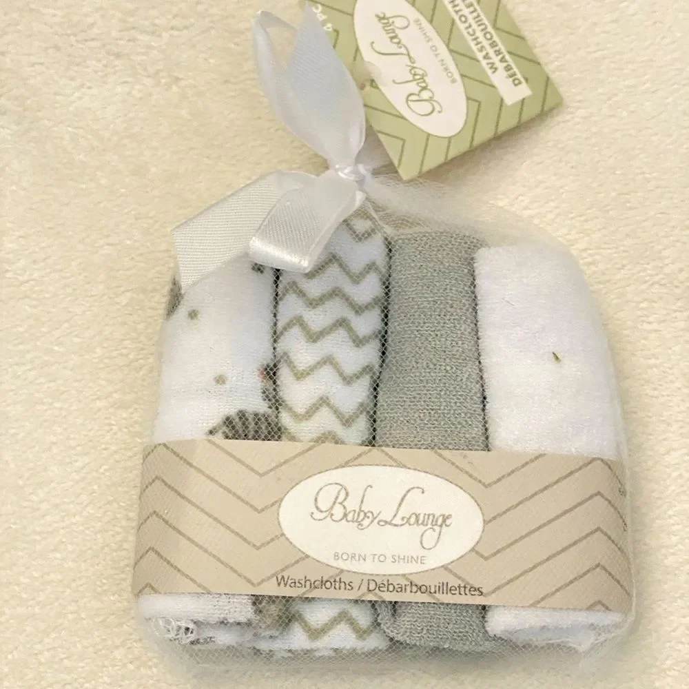 NWT Baby Lounge Washcloths- Set Of 4‎ white & Gray Baby Zebra Waves Solid Gray